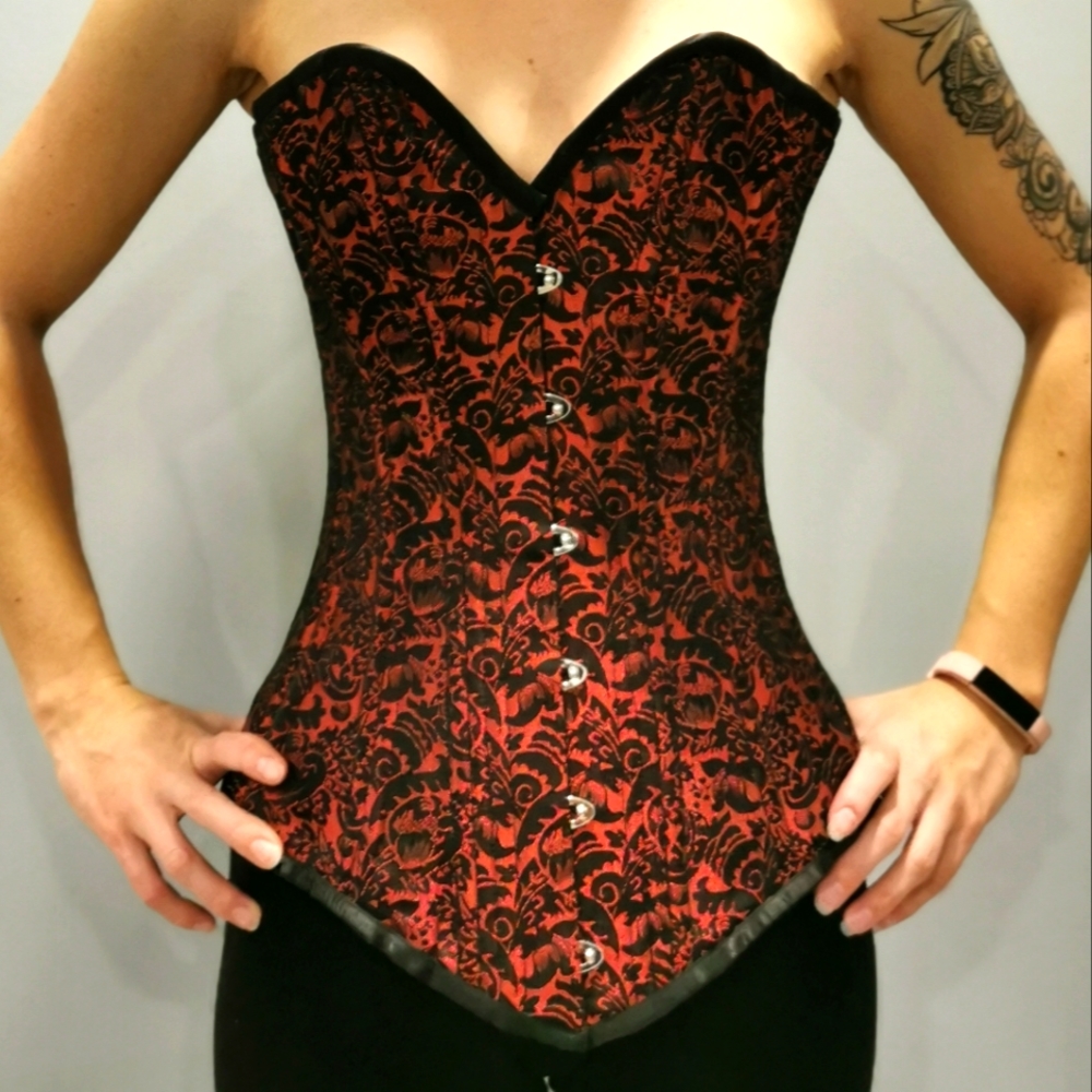 Steel Boned Corset - Red & Black Brocade, Gothic